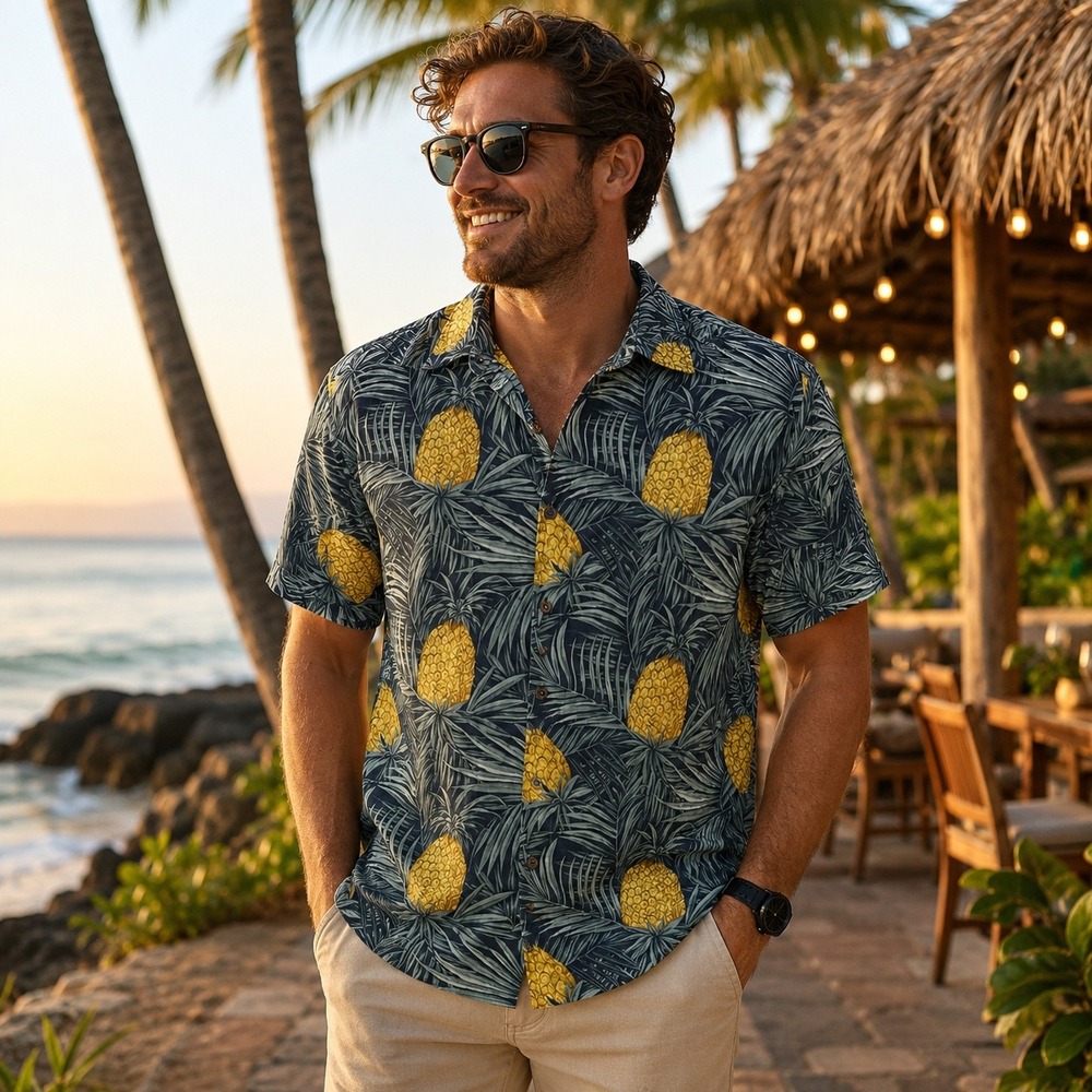 Tommy‎ Bahama Mens Large Silk Pineapple Palm Leaf Print Short Sleeve Camp Shirt